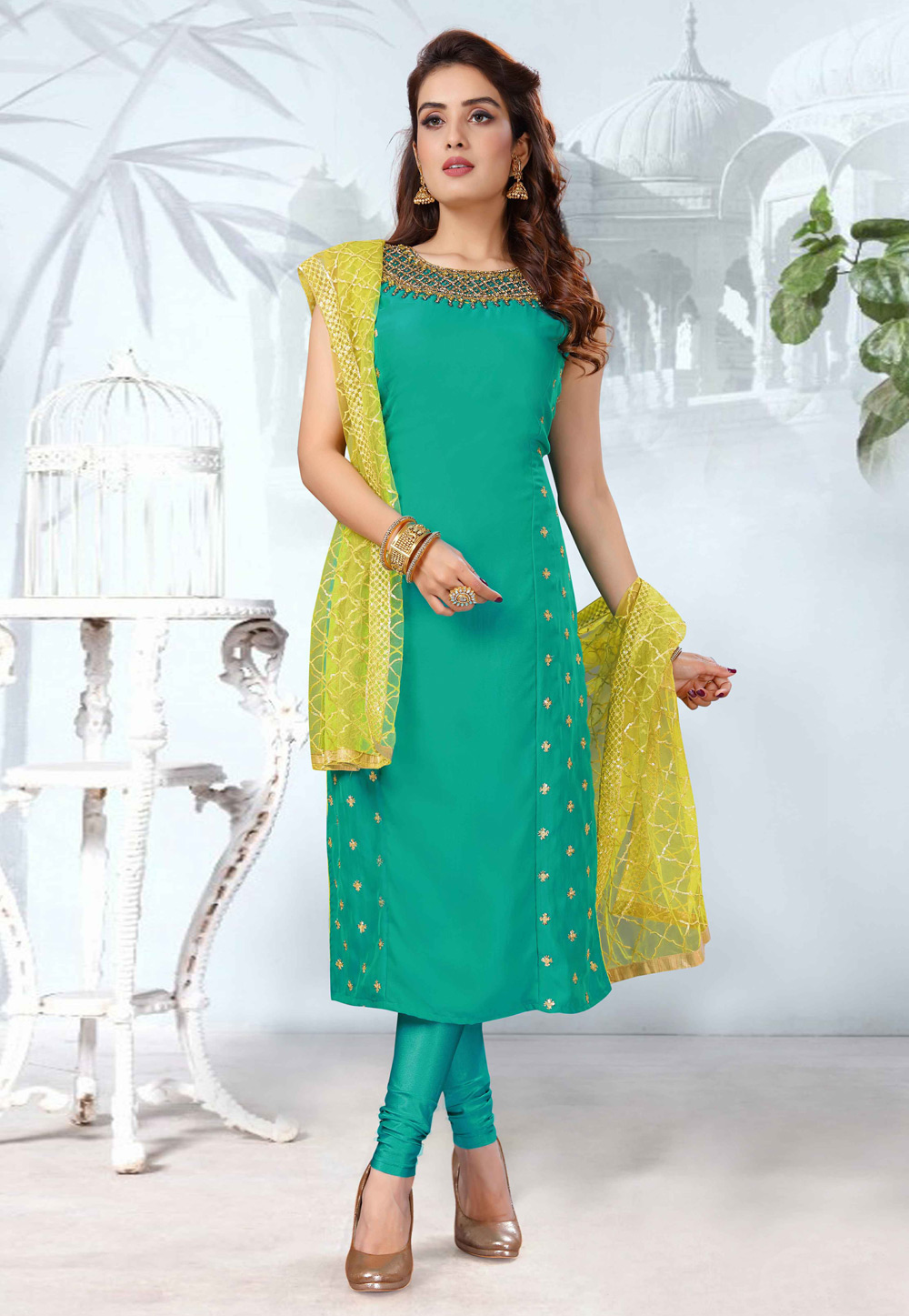 Turquoise Art Silk Readymade Churidar Salwar Suit 219633