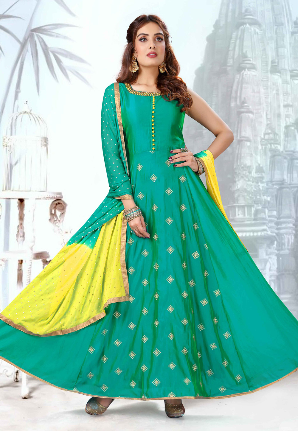 Turquoise Art Silk Readymade Ankle Length Anarkali Suit 219634