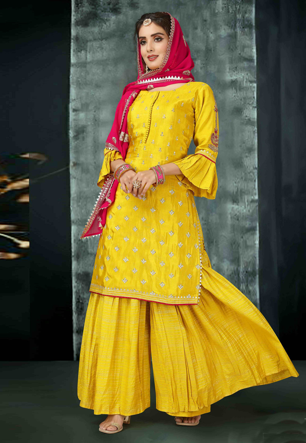 Yellow Art Silk Readymade Sharara Suit 213789