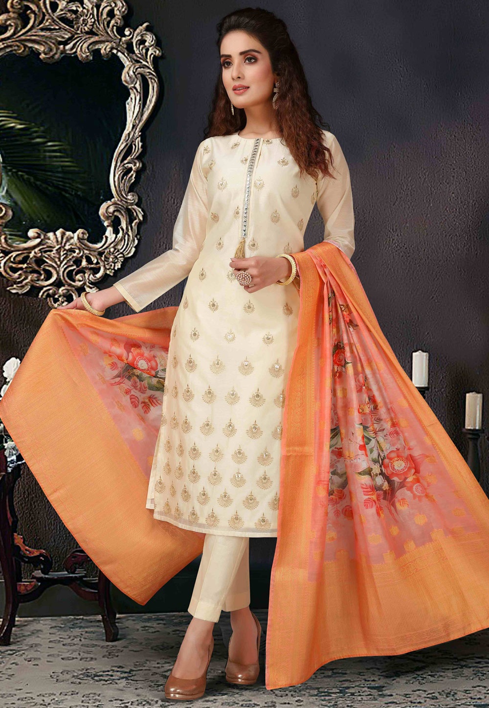 Beige Organza Readymade Kameez With Pant 213790