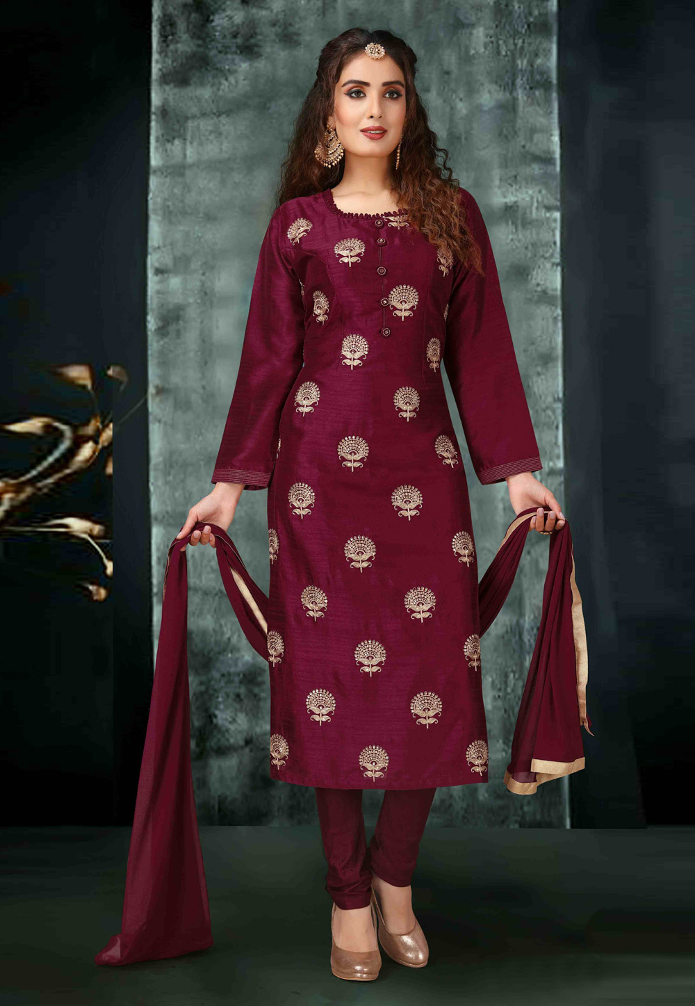 Wine Art Silk Readymade Churidar Suit 213803