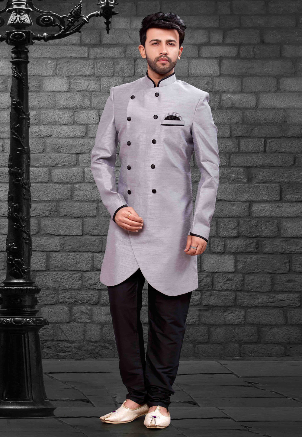 Grey Silk Readymade Indo Western Suit 160336