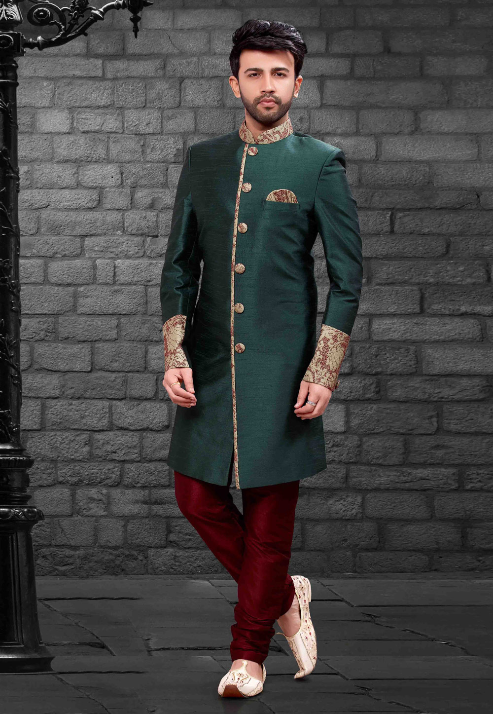 Green Silk Readymade Indo Western Suit 160338