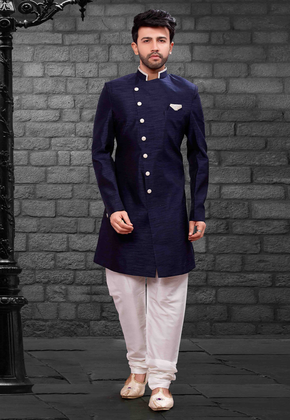 Navy Blue Silk Readymade Indo Western Suit 160340