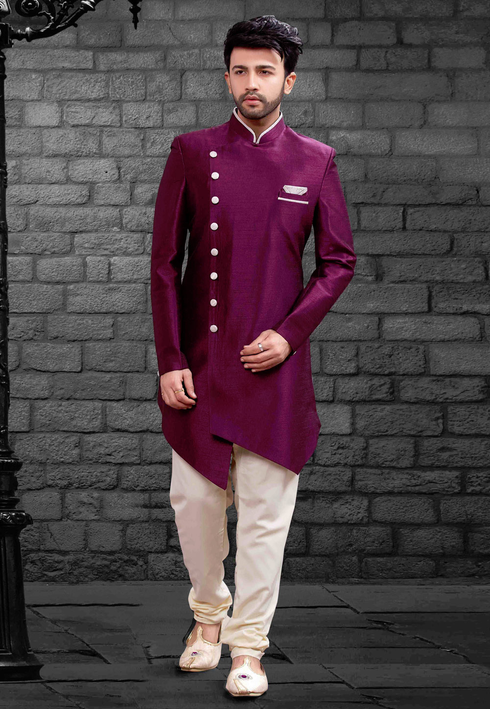 Magenta Silk Readymade Indo Western Suit 160341