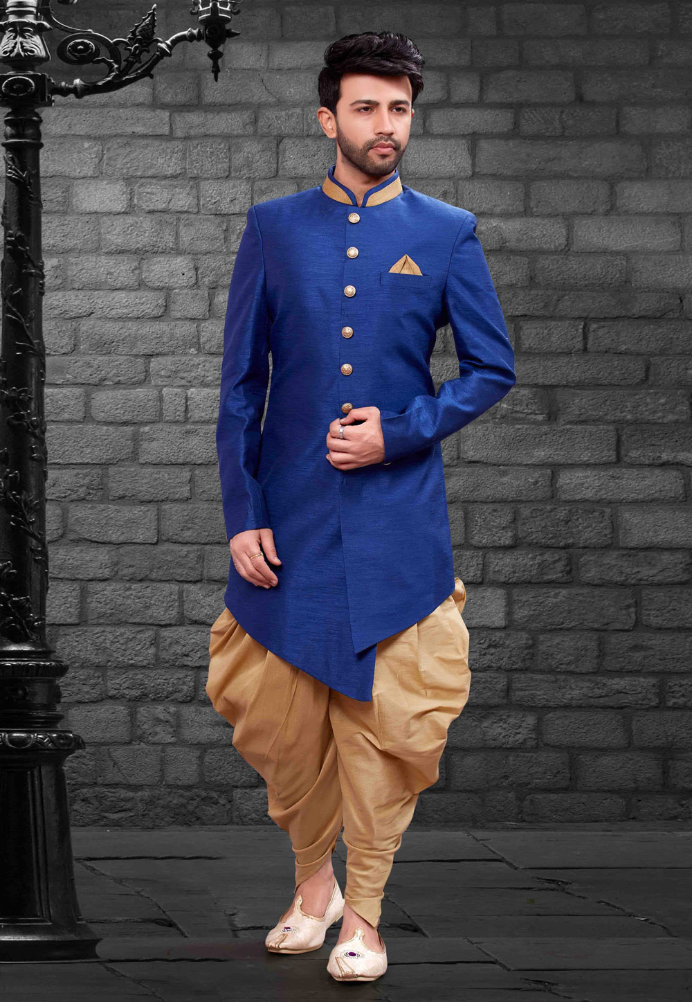 Blue Silk Readymade Indo Western Suit 160342