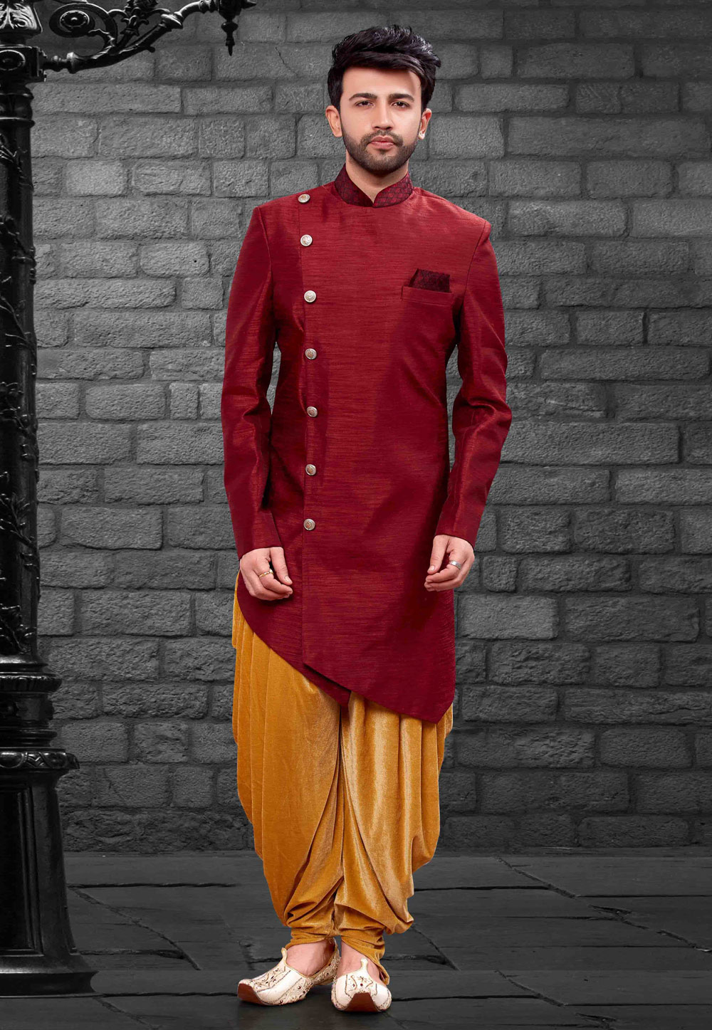 Red Silk Readymade Indo Western Suit 160346