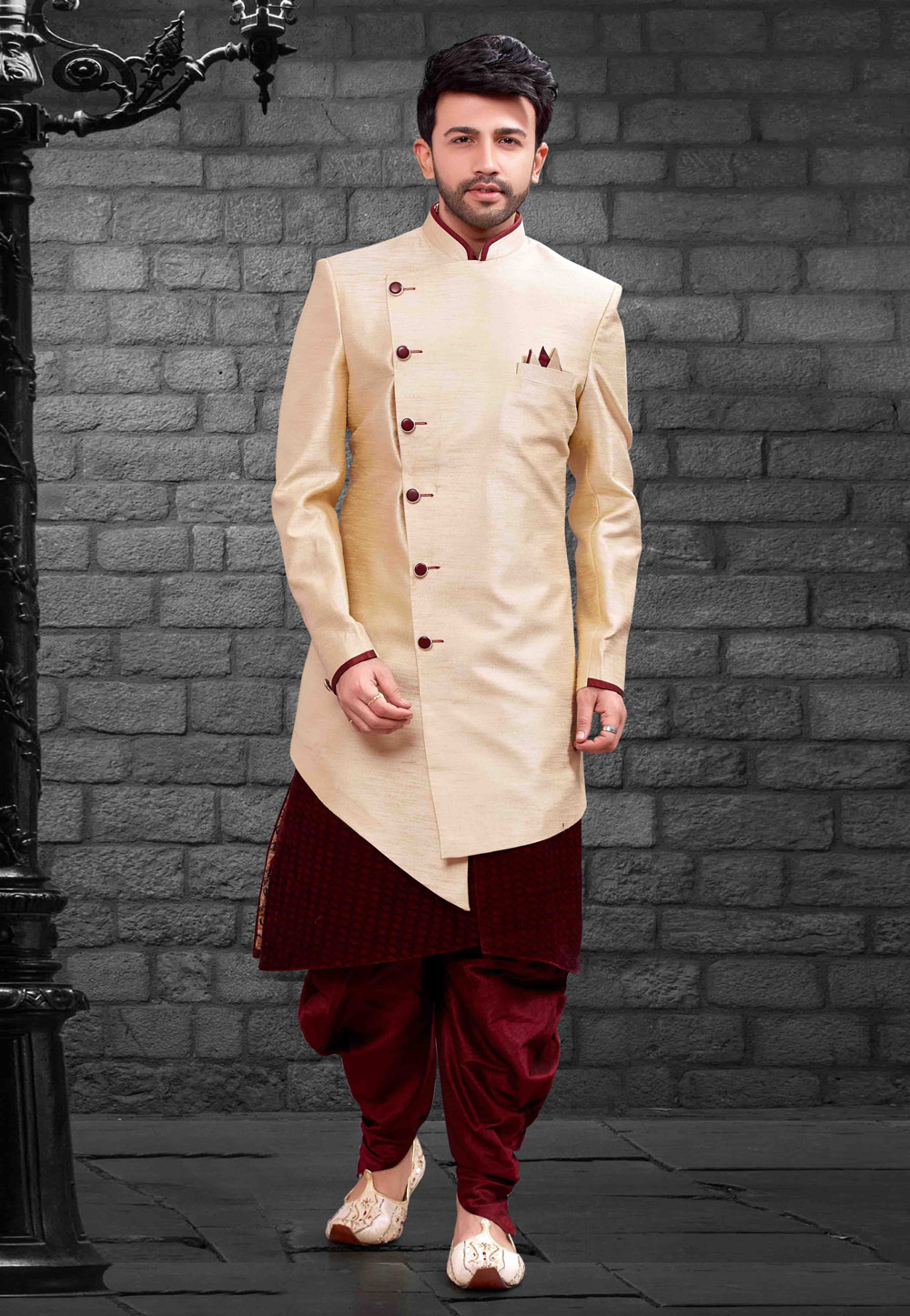 Beige Silk Readymade Indo Western Suit 160347