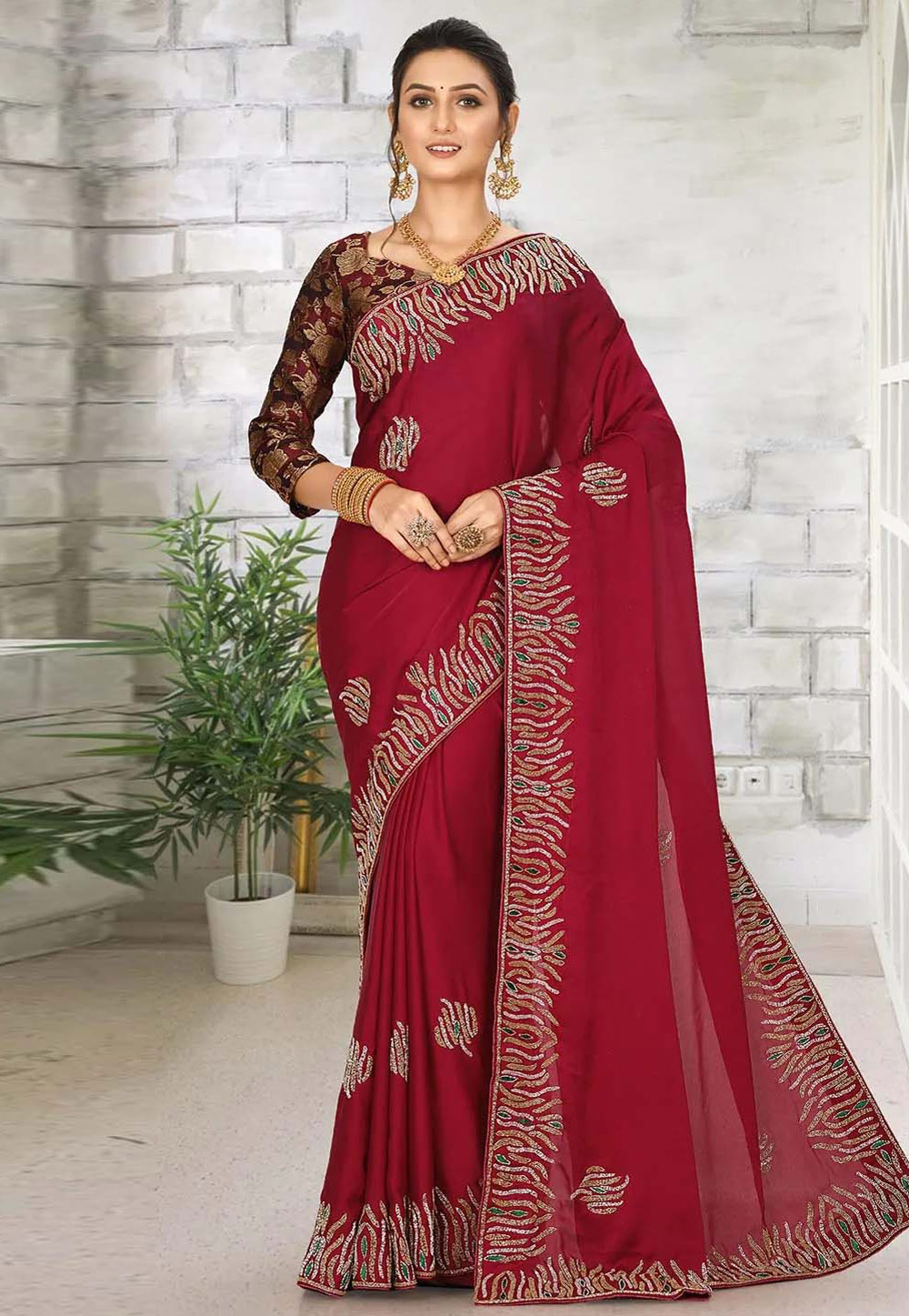 Magenta Satin Georgette Saree With Blouse 242910