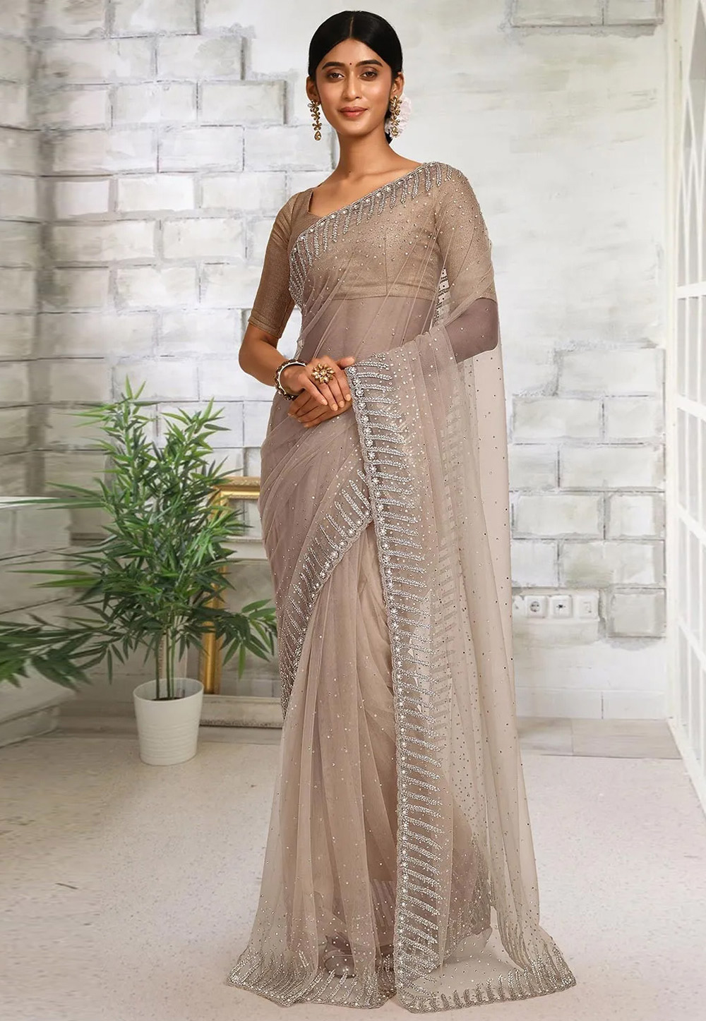 Beige Net Saree With Blouse 242912