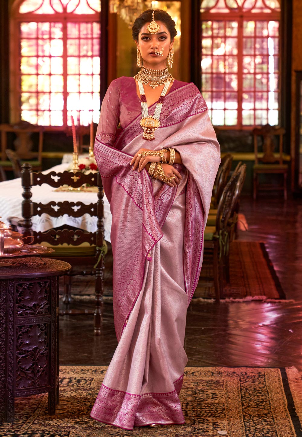 Green & Pink Kanjivaram Silk Saree with Mirror, Khatli & Cut-Dana work –  Ethnos