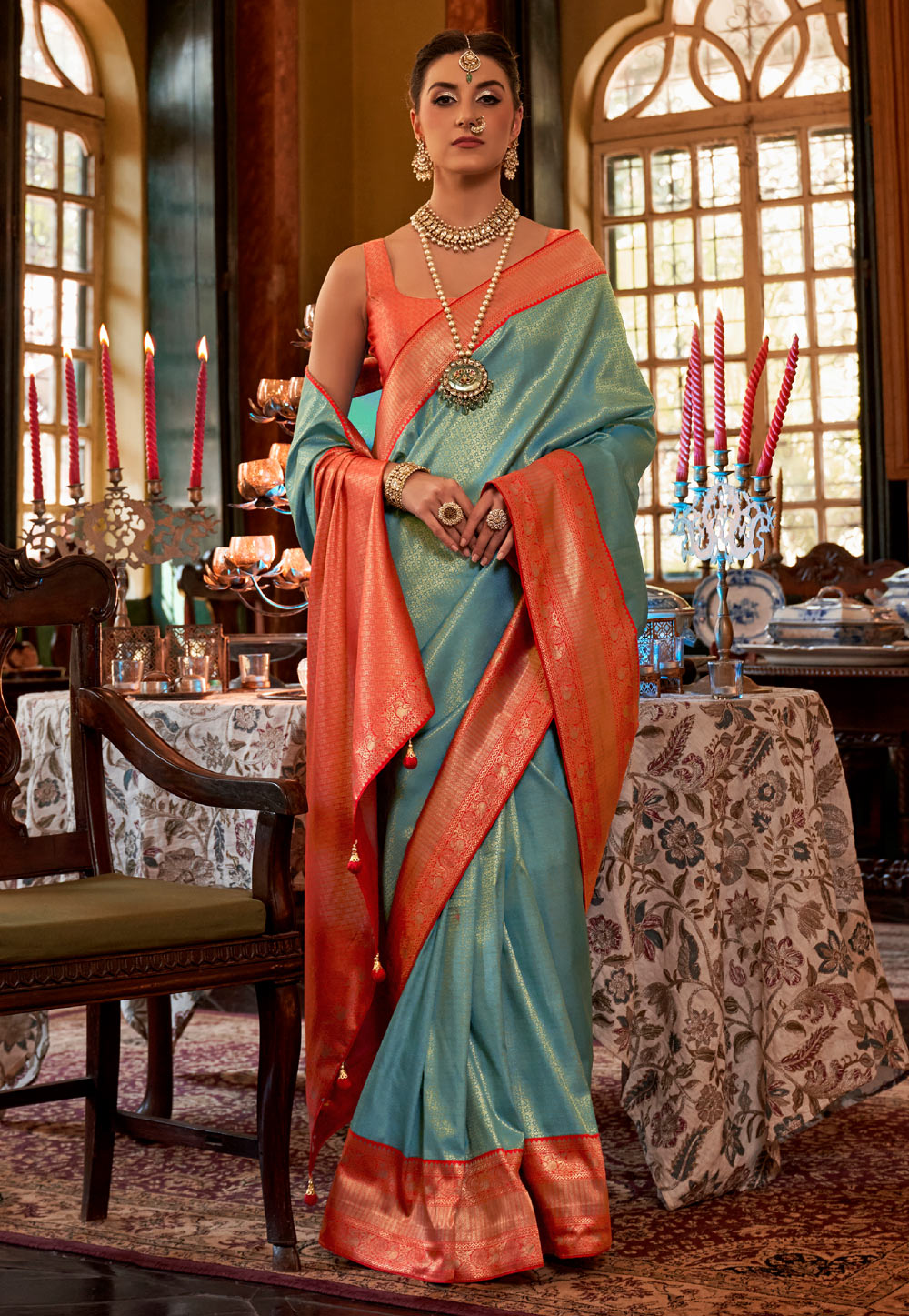 Sky Blue Kanjivaram Silk Saree With Blouse 266188