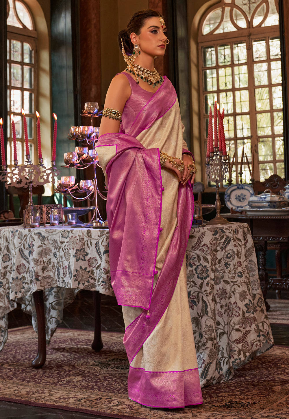 Cream Kanjivaram Silk Saree With Blouse 266190