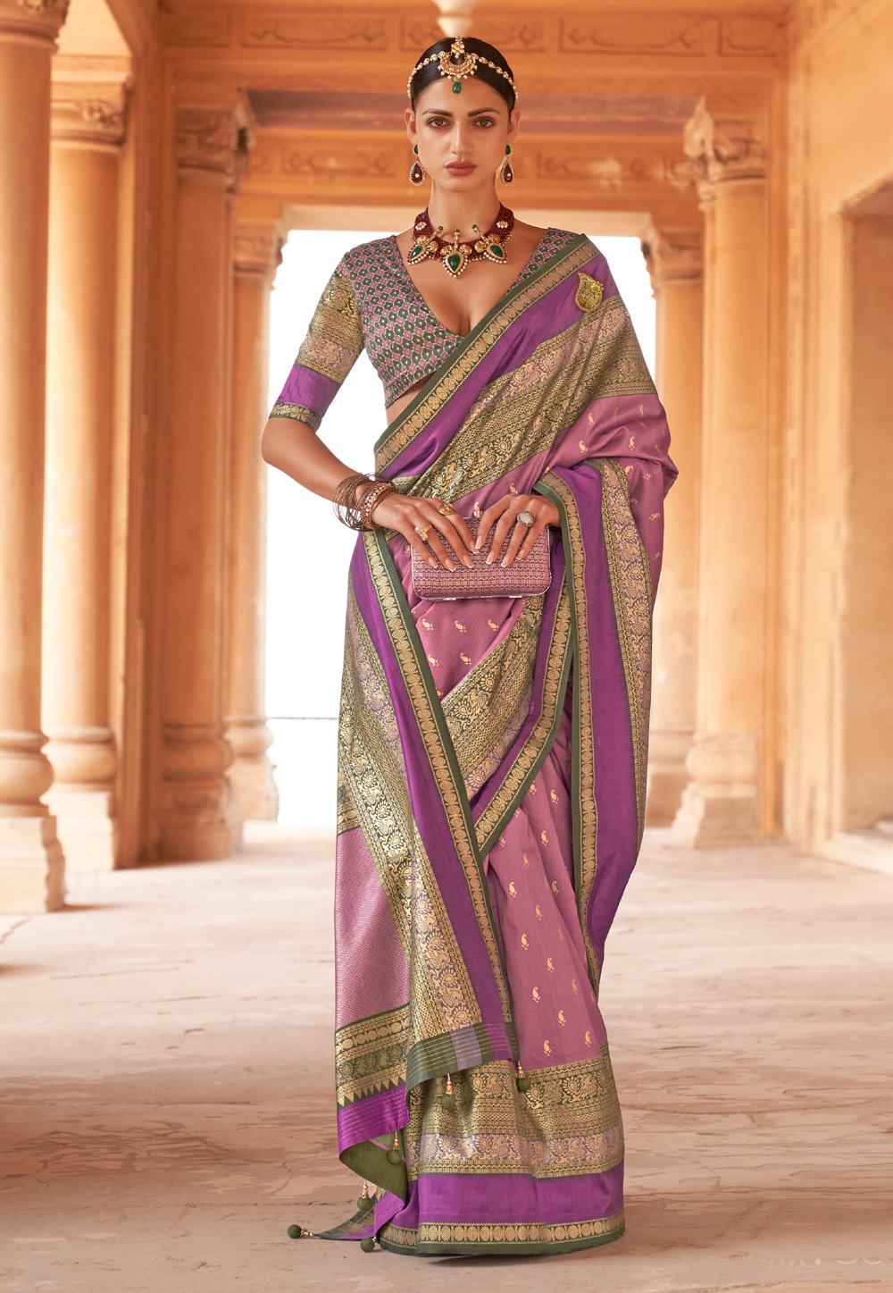 Shop Pastel Pink Kanjivaram Silk Saree Online in USA| Purple Zari Border –  Pure Elegance