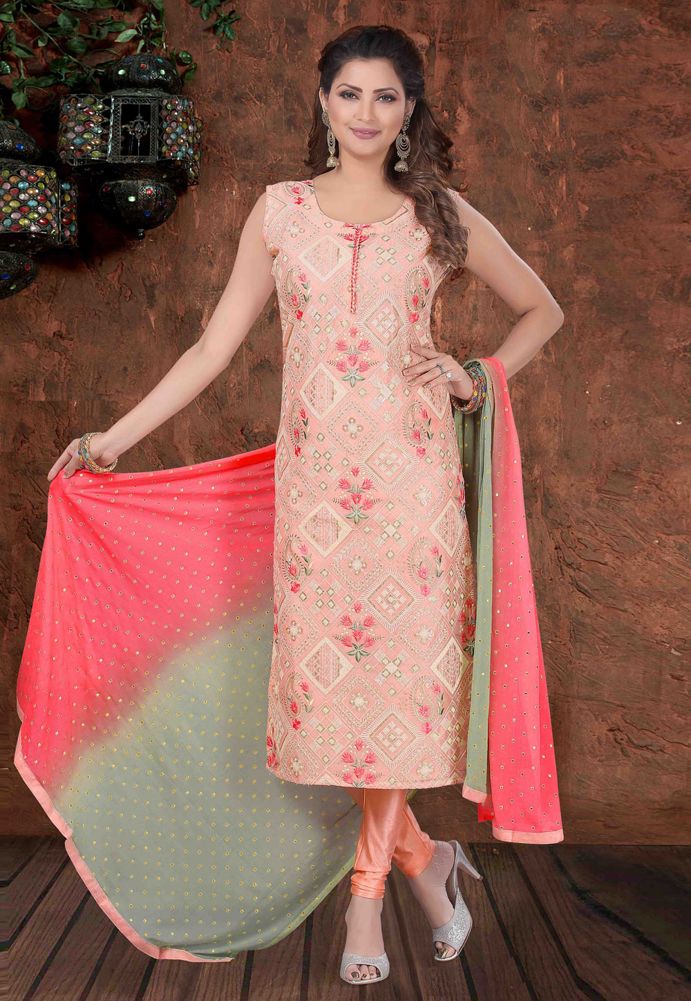 Pink Art Silk Readymade Churidar Suit 213807