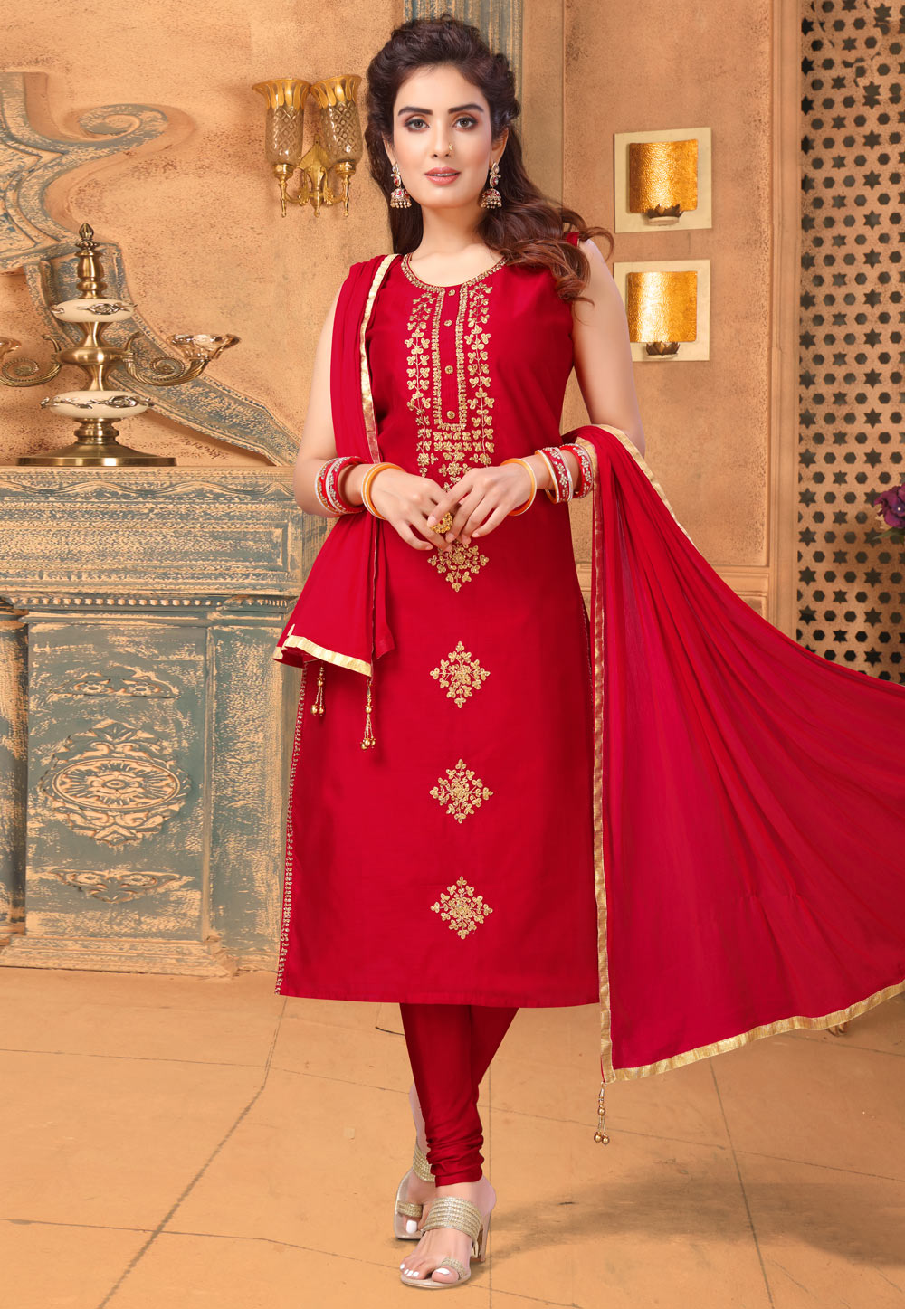 Red Art Silk Readymade Churidar Salwar Suit 213810