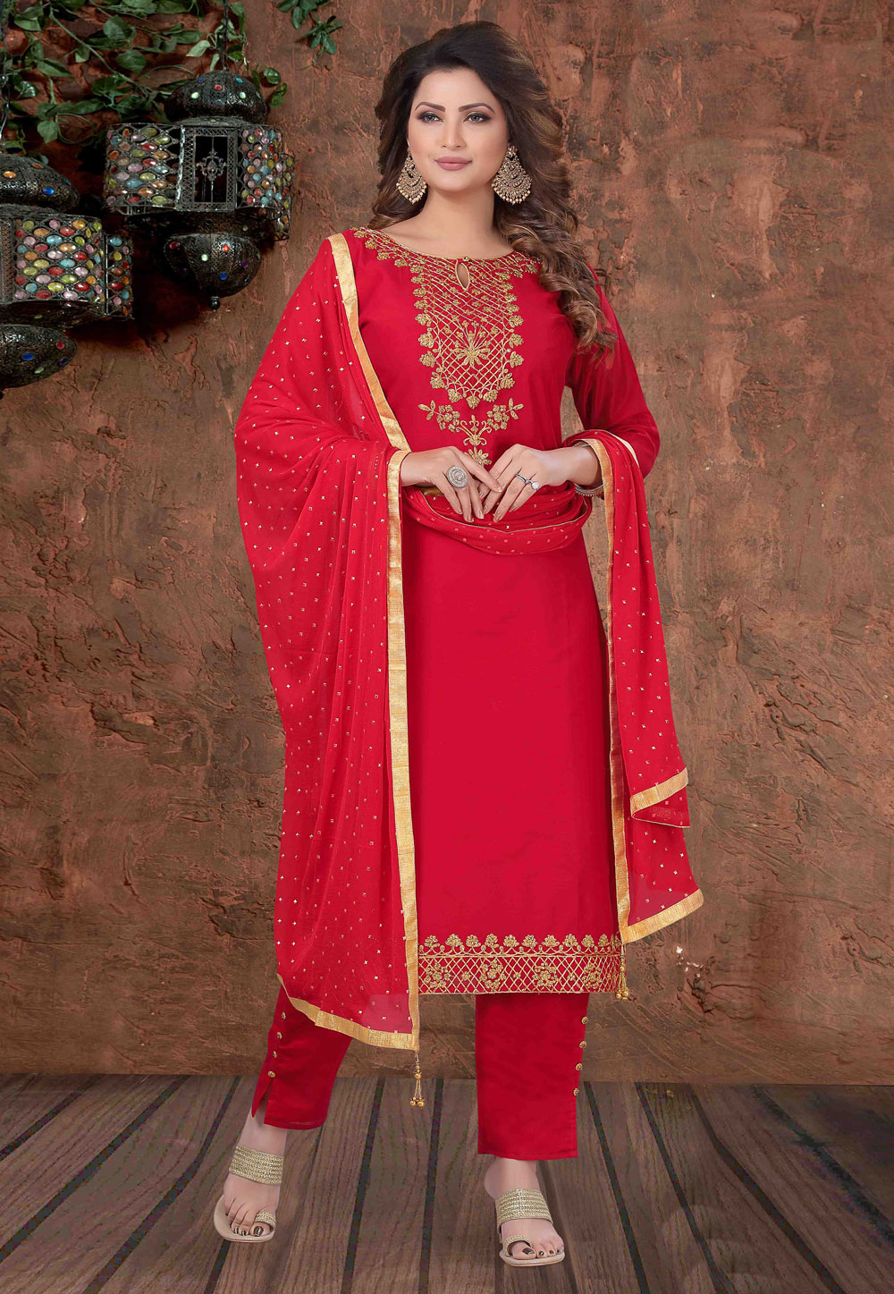 Red Art Silk Readymade Pant Style Suit 213793