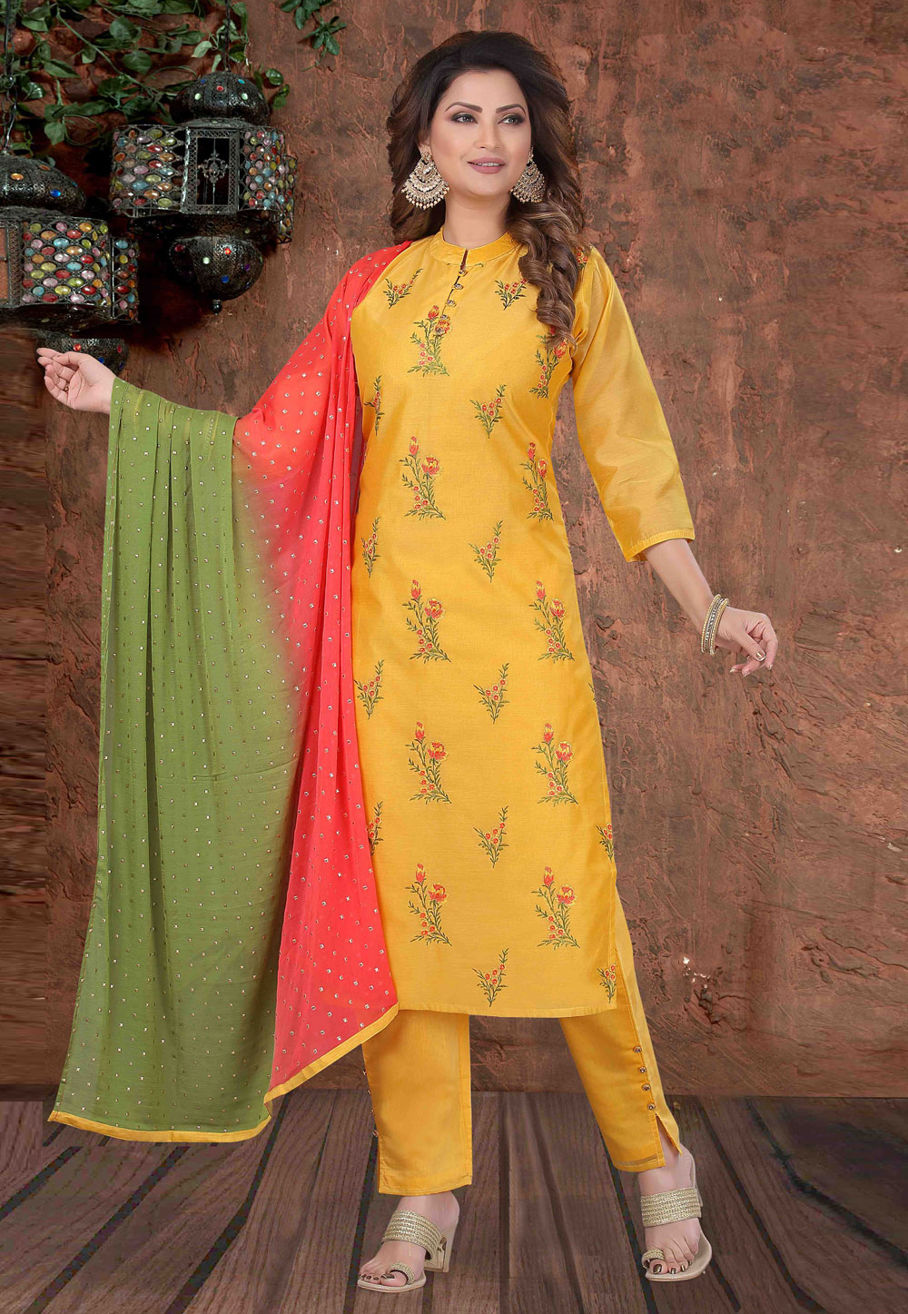 Yellow Chanderi Silk Readymade Pant Style Suit 213795