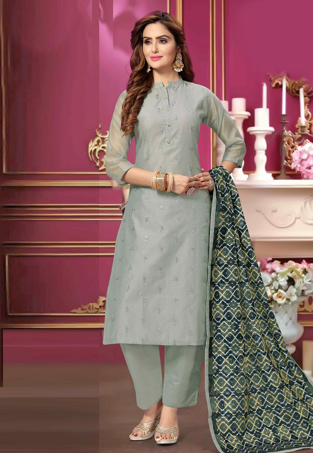 Grey Chanderi Readymade Pant Style Suit 216506