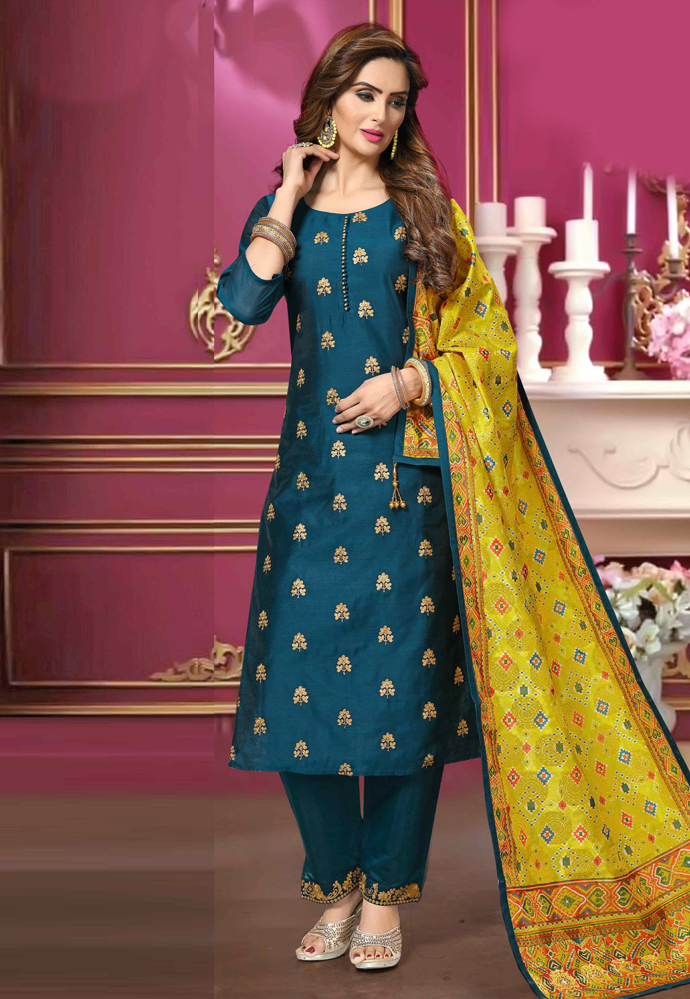 Blue Chanderi Readymade Pant Style Suit 216508
