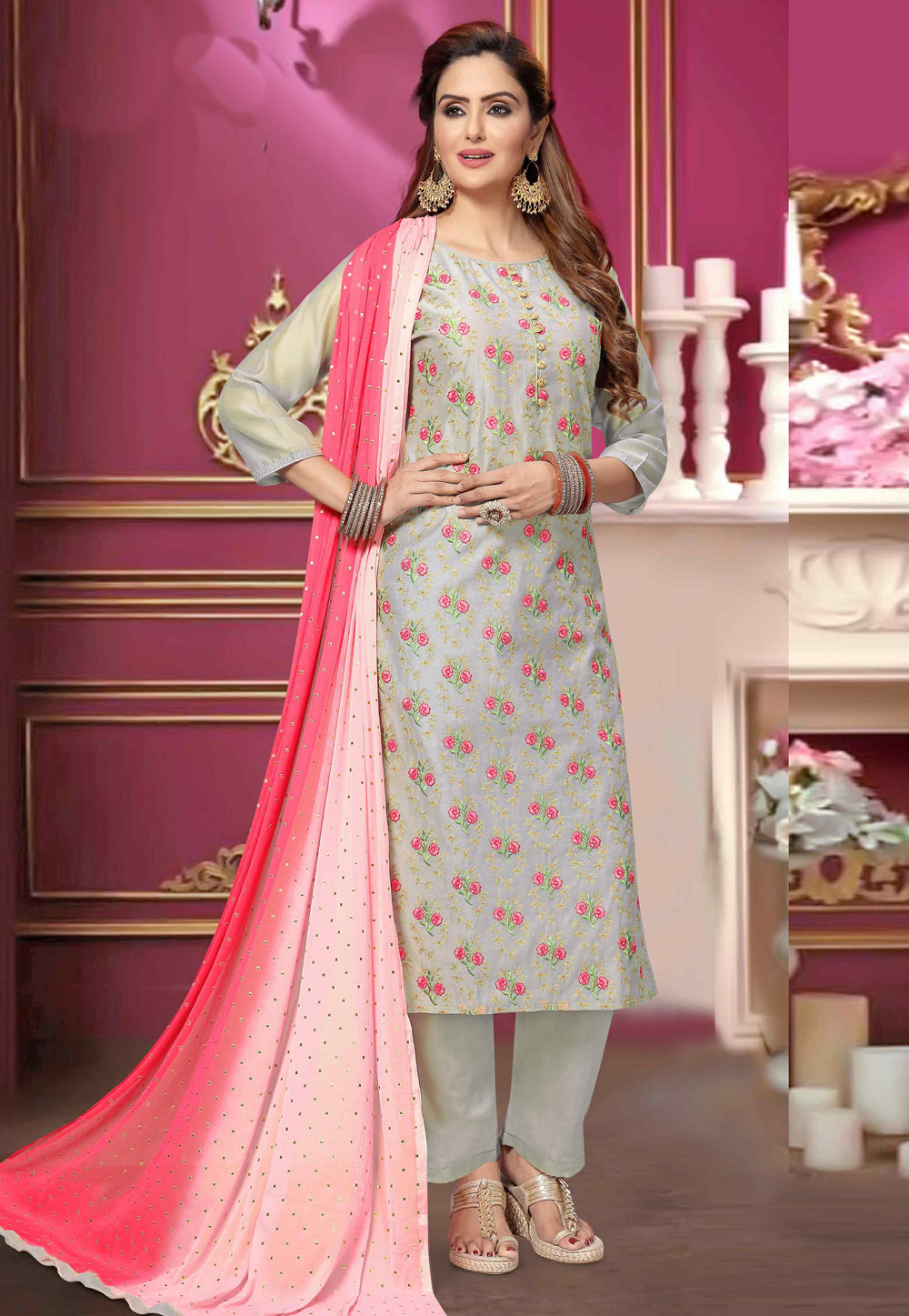 Grey Chanderi Readymade Pant Style Suit 216512