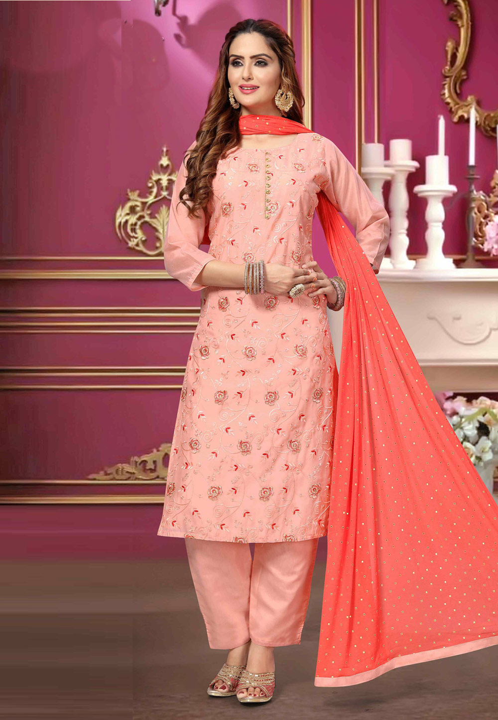 Pink Chanderi Readymade Kameez With Pant 216513