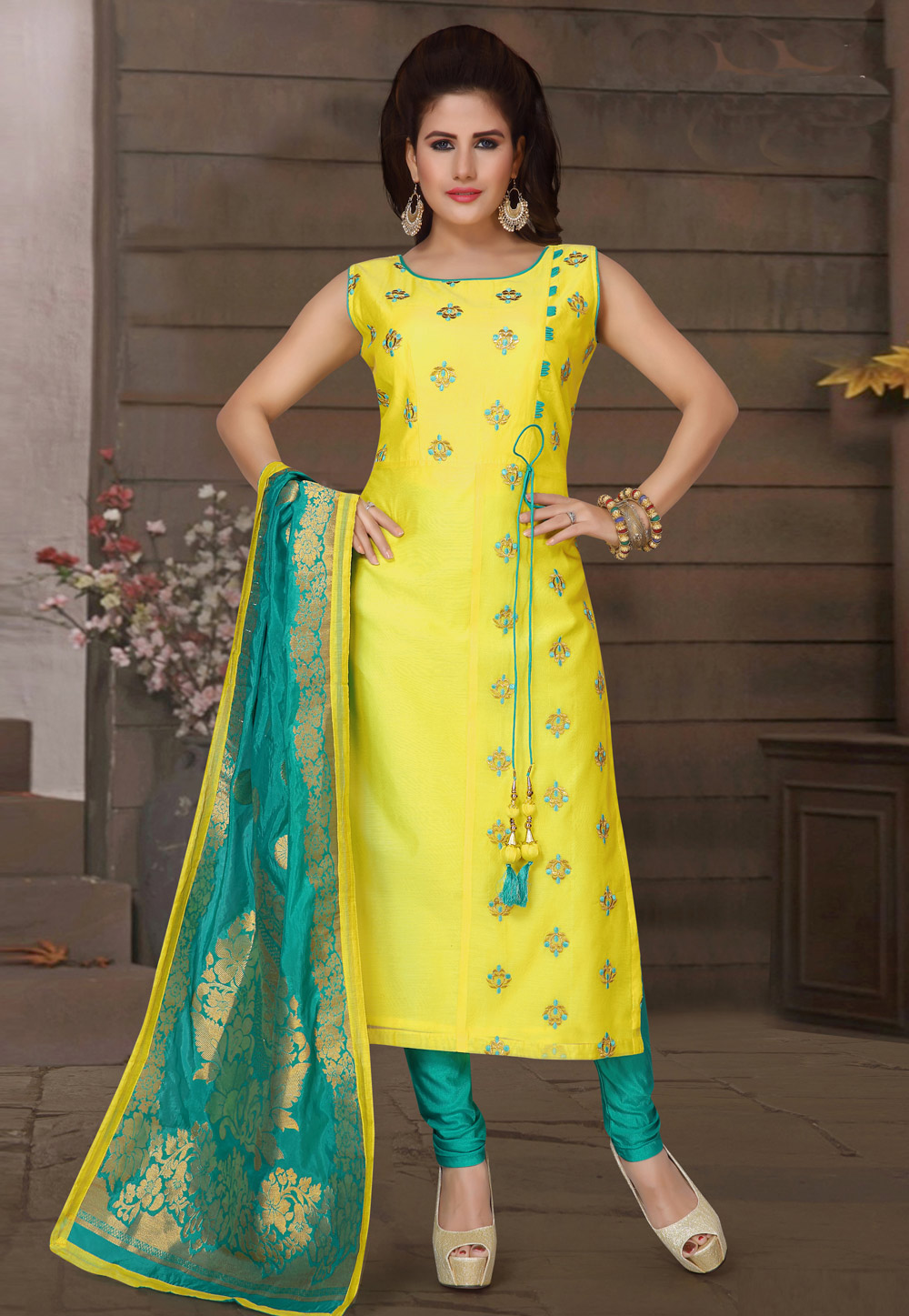 Yellow Art Silk Readymade Churidar Suit 213811