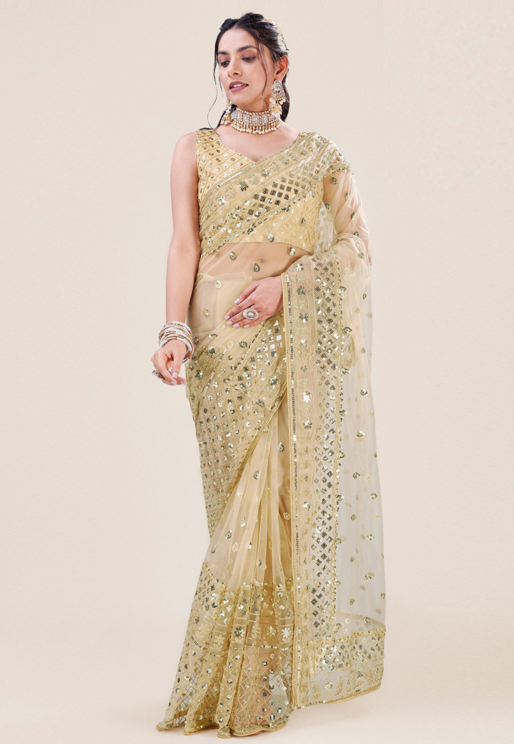 Beige Net Saree With Blouse 272952
