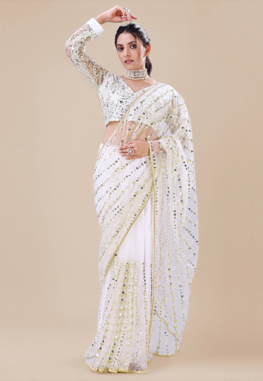 White Net Saree With Blouse 272953