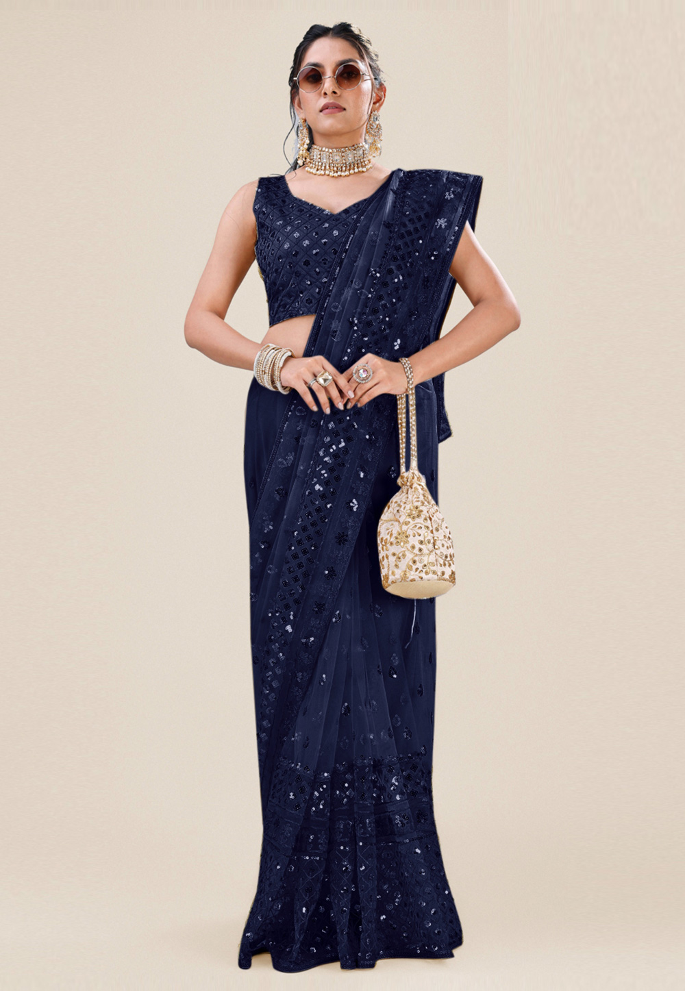 Navy Blue Net Saree With Blouse 272954