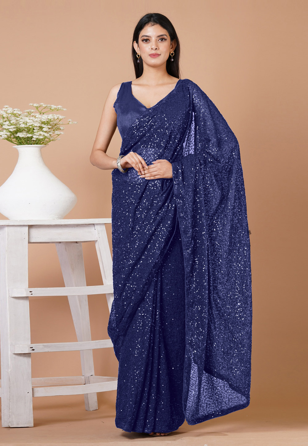 Navy Blue Georgette Sequence Saree 273242