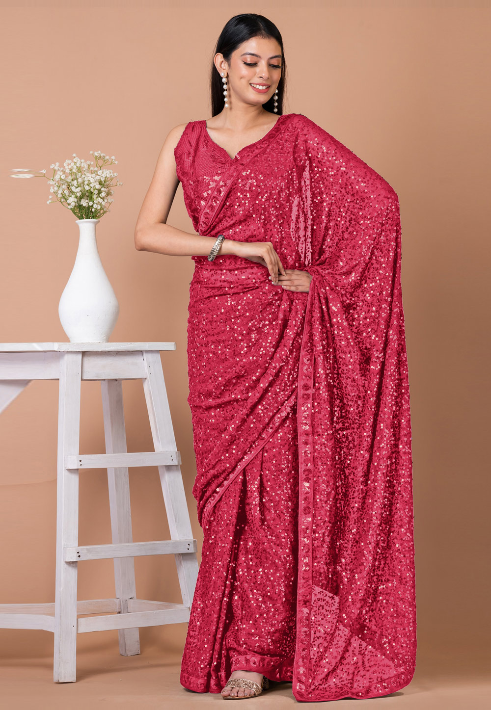 Red Georgette Sequence Saree 273253