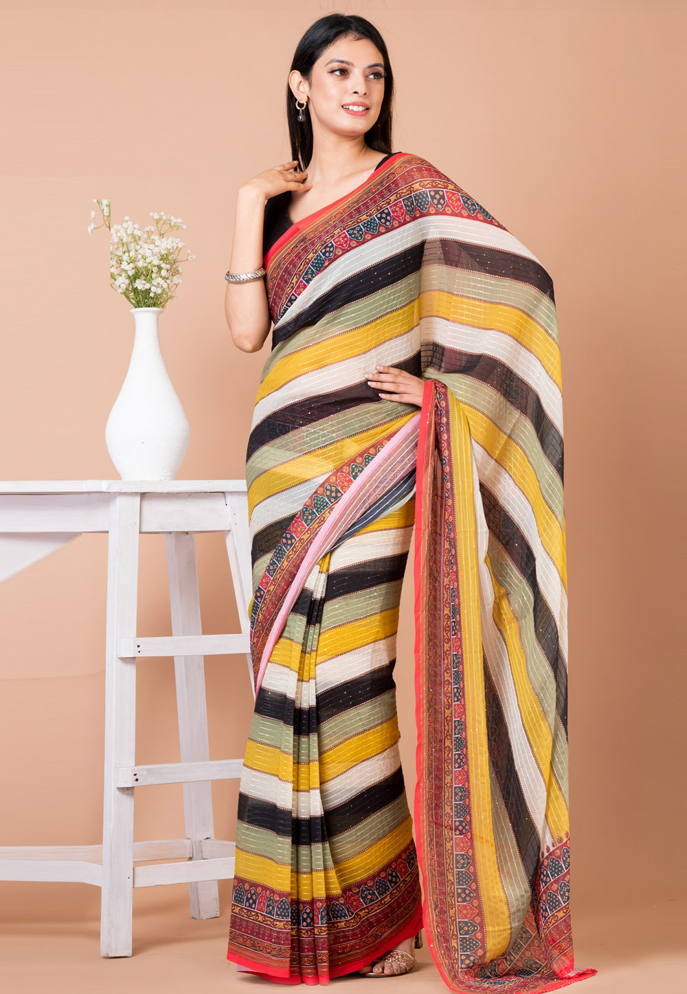 Buy Multicolor Digital Print Stripes Work Silk Saree Festive Wear Online at  Best Price | Cbazaar