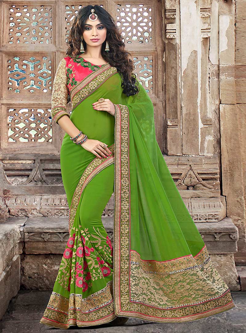 Green Georgette Embroidery Work Saree 84464