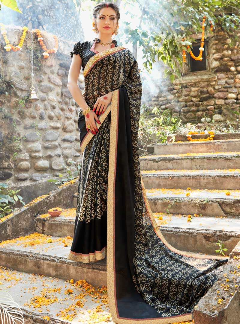Black Georgette Printed Saree With Blouse 90265