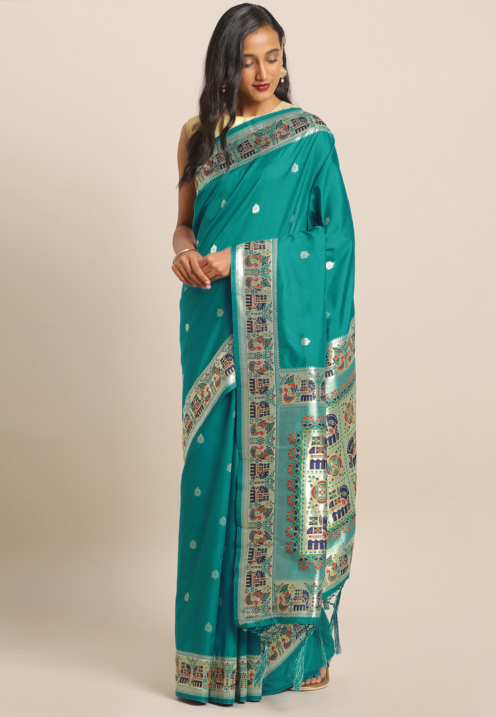 Teal Banarasi Silk Saree With Blouse 206535