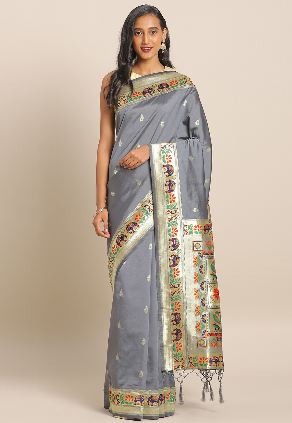 Grey Banarasi Silk Saree With Blouse 206541
