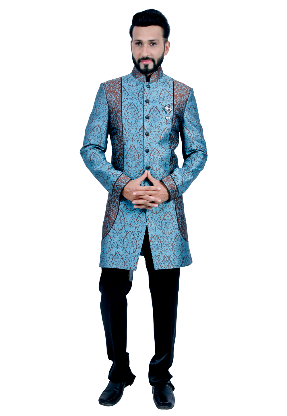 Blue Dupion Readymade Indo Western Suit 204461
