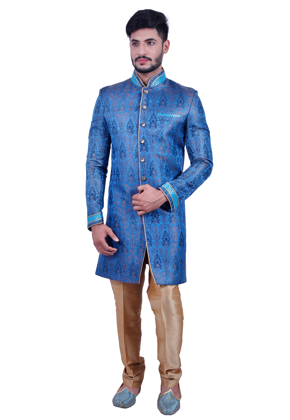 Blue Brocade Readymade Indo Western Suit 204465