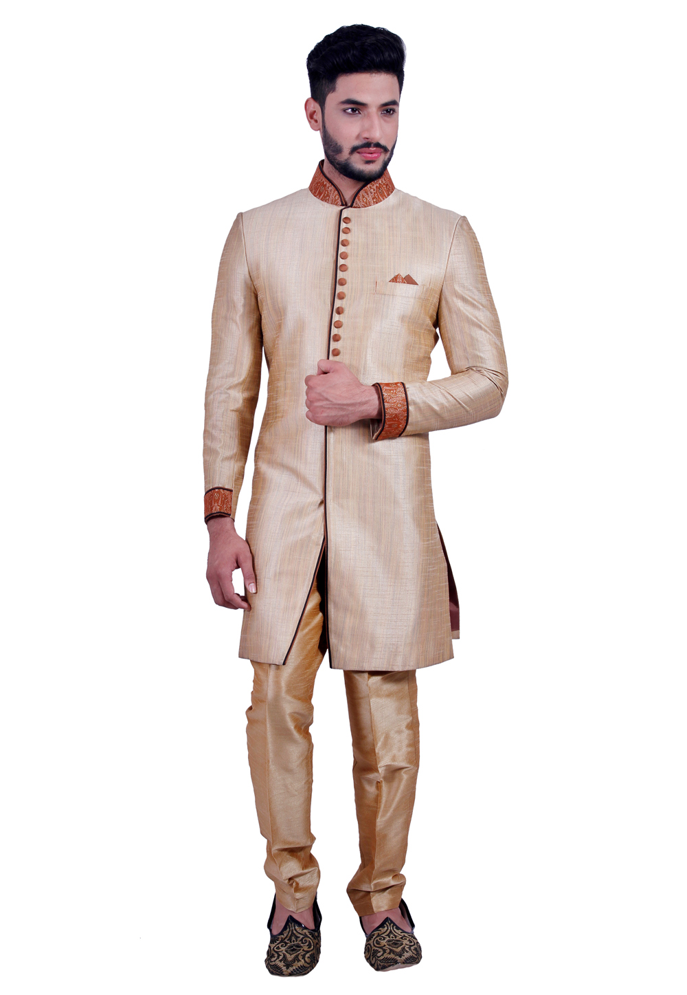 Golden Art Silk Readymade Indo Western Suit 204469
