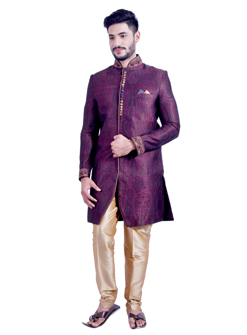 Purple Silk Brocade Readymade Indo Western Sherwani 72908