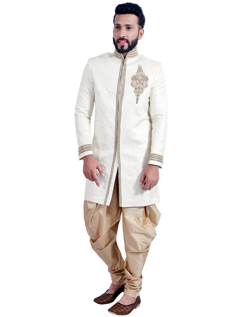 White Silk Brocade Readymade Indo Western Sherwani 72909