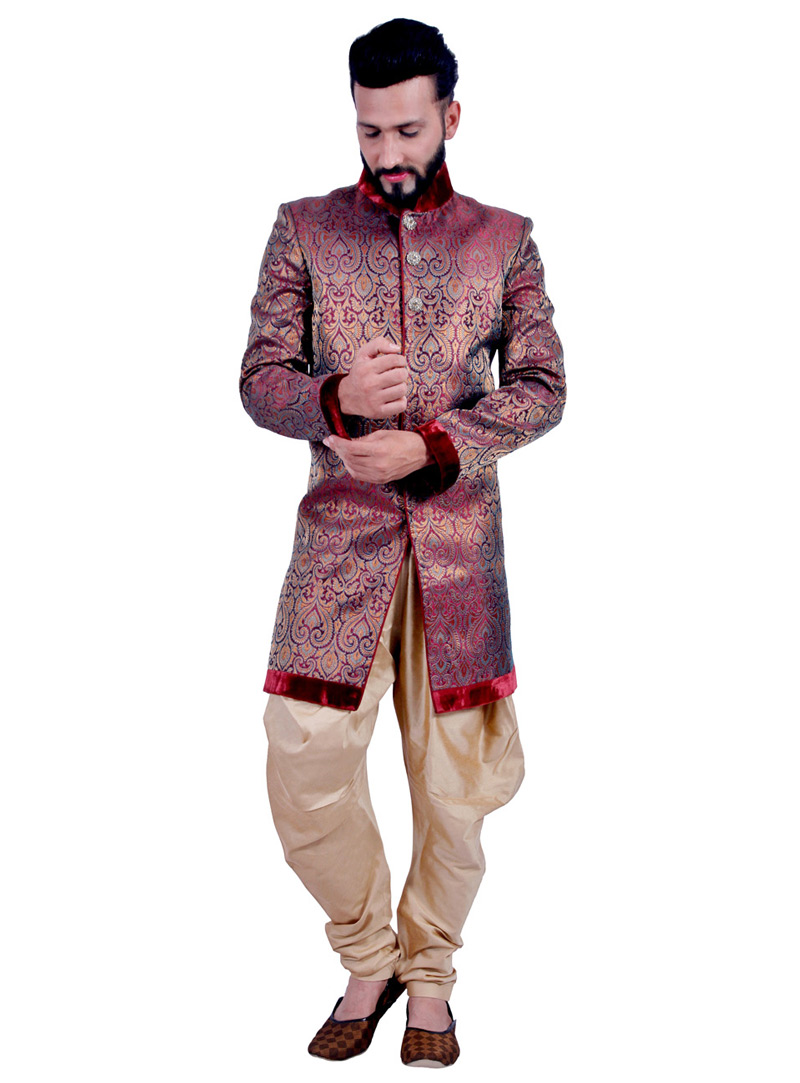 Maroon Silk Brocade Readymade Indo Western Sherwani 72911