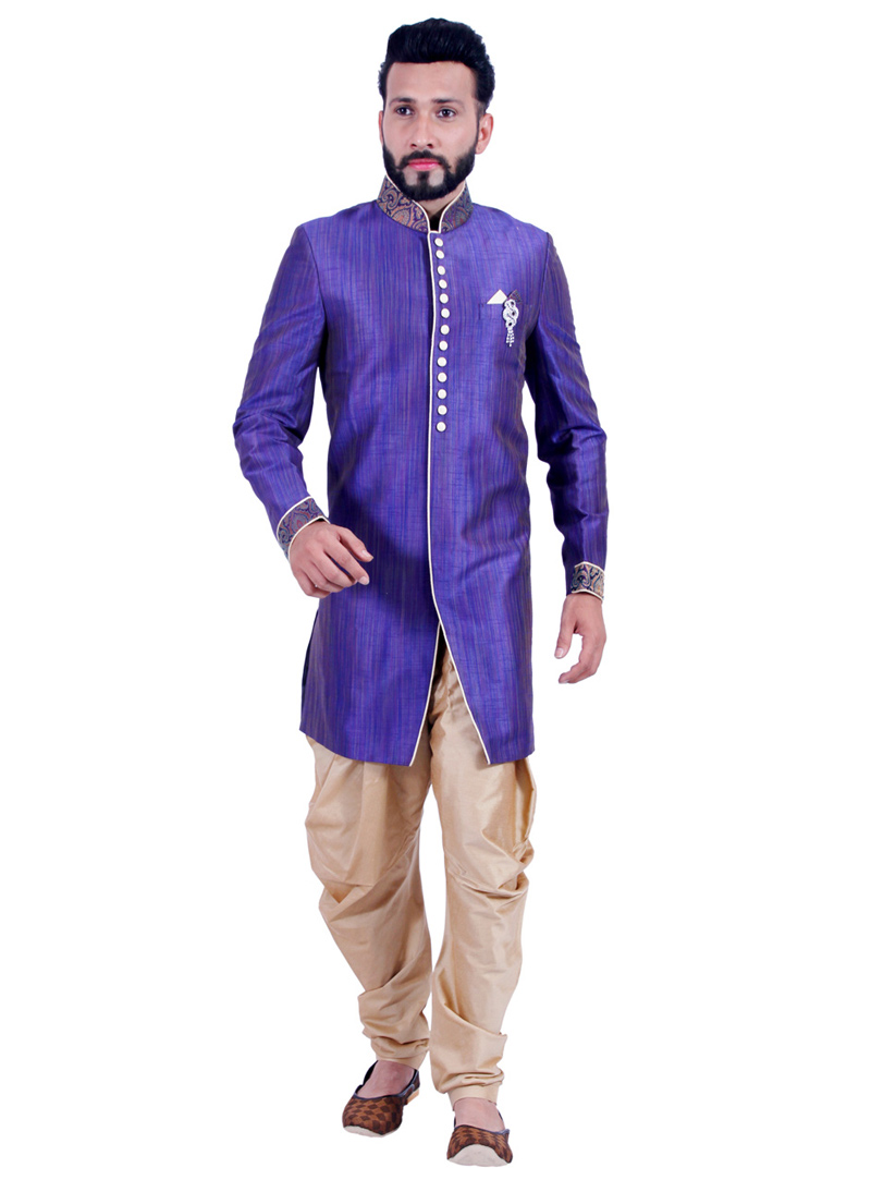 Blue Art Silk Readymade Indo Western Sherwani 72915