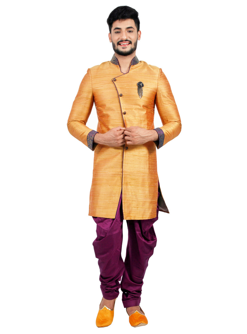 Orange Raw Silk Readymade Indo Western Sherwani 72929