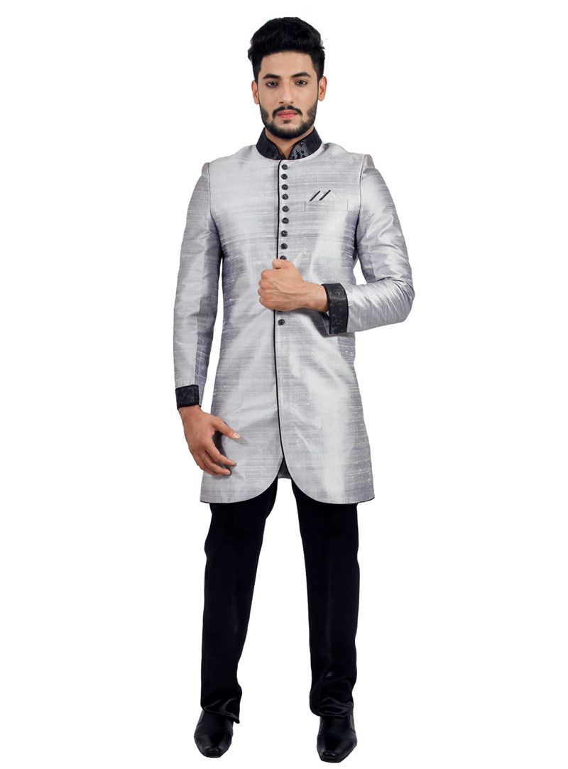 Grey Dupion Silk Readymade Indo Western Sherwani 72938