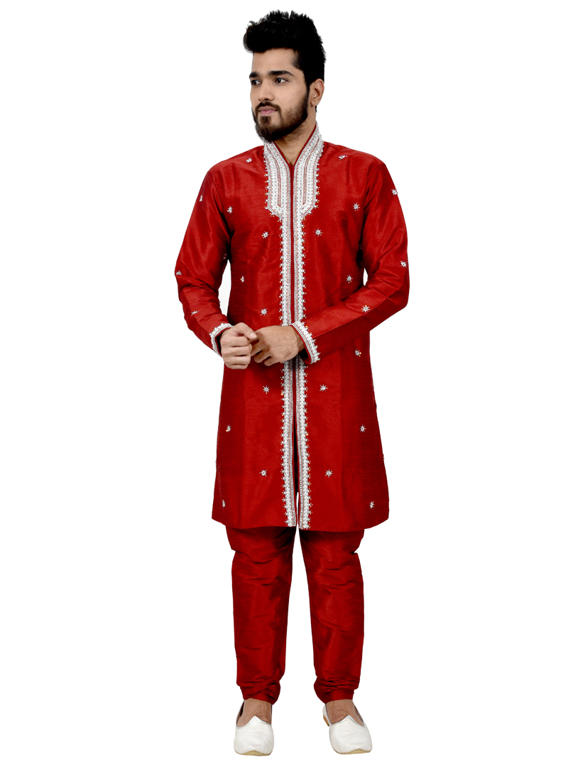 Red Art Silk Readymade Indo Western Suit 112322