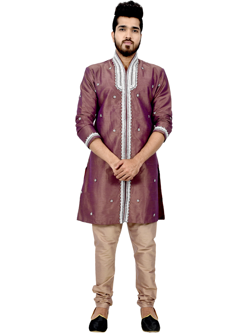 Brown Art Silk Readymade Indo Western Suit 112324