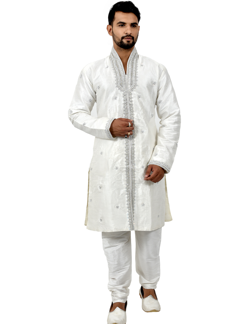 White Art Silk Readymade Indo Western Suit 112325