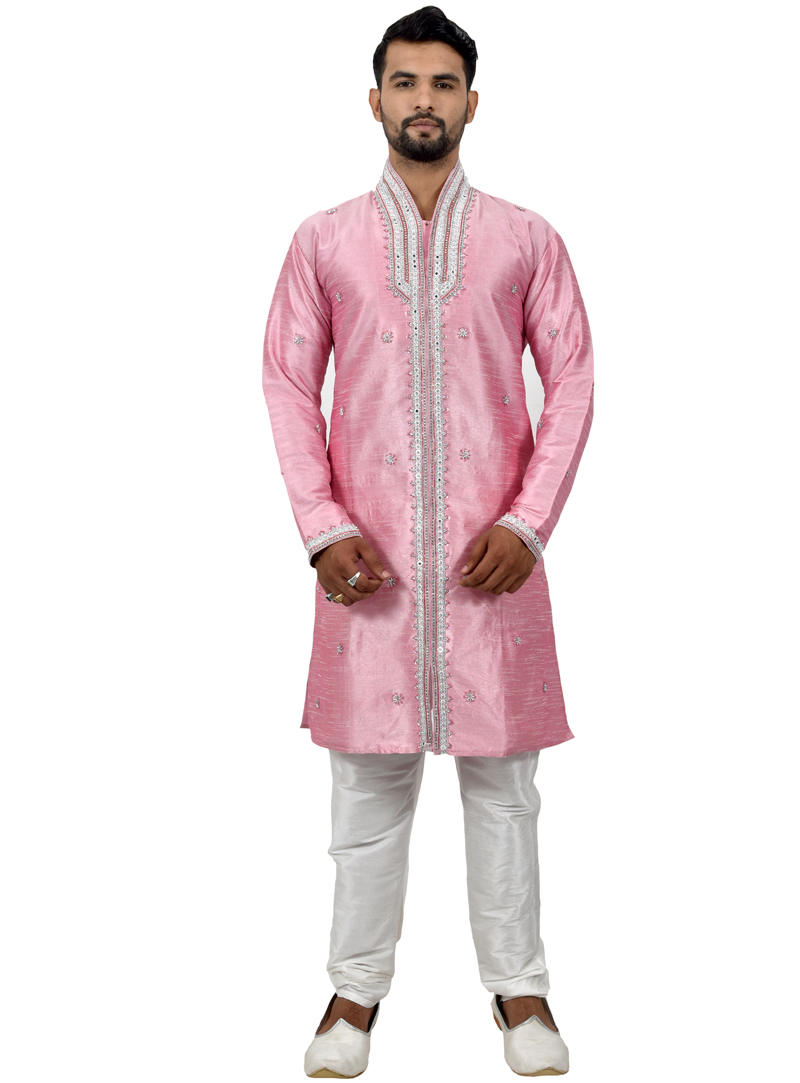 Pink Art Silk Readymade Indo Western Suit 112328